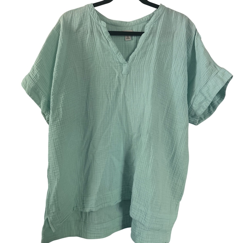 L.L. Bean mint green top V neck short sleeve popover cotton cloud gauze 1X